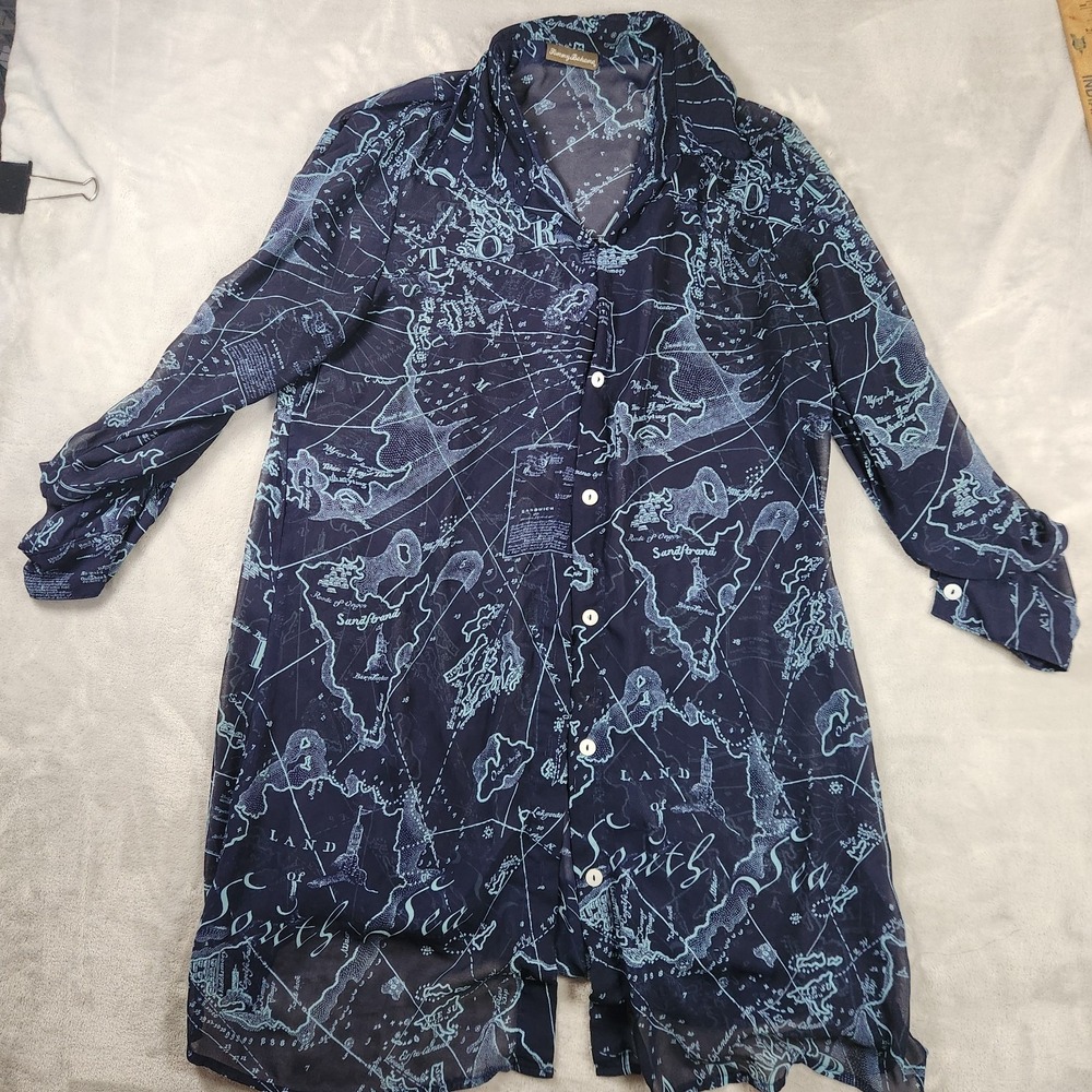 Tommy Bahama Women's M Nautical Map Print Long‎ Sleeve Button Up Sheer Blouse